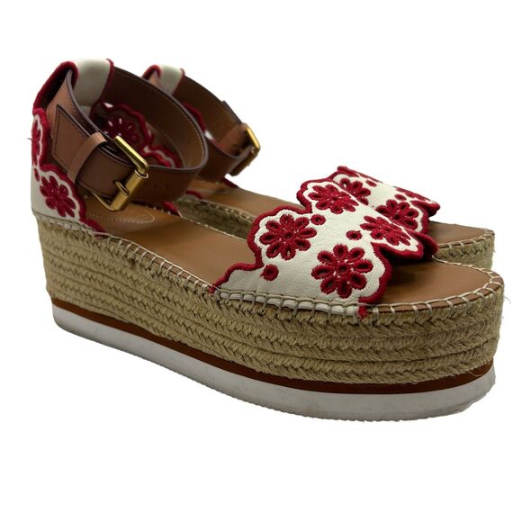 See By Chloe Embroidered Laser Cut Suede & Leather Espadrille Wedge Sandal Sz 40